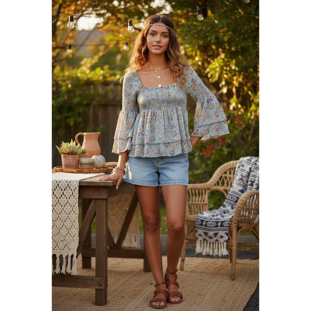 Free People Floral Smocked Tiered Bell Sleeve Blouse Blue Medium OB1119566